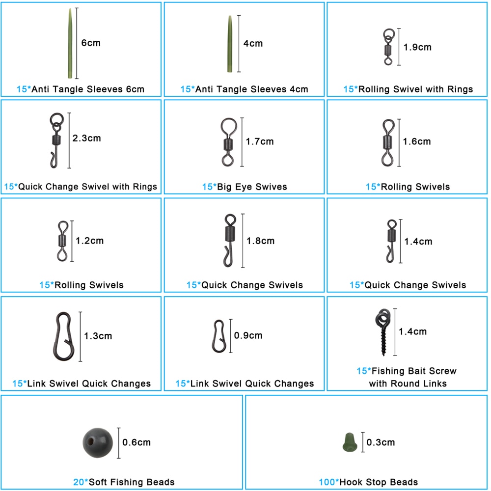 300Pcs/Box Fishing Tackle Kit Including Anti Tangle Sleeves Hook Stop Beads Boilie Bait Screw Rolling Swivel Snaps - Image 3