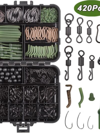 420Pcs/Box Fishing Tackle Kit Including Swivels Hooks Anti Tangle Sleeves Hook Stop Beads Boilie Bait Screw Accessories