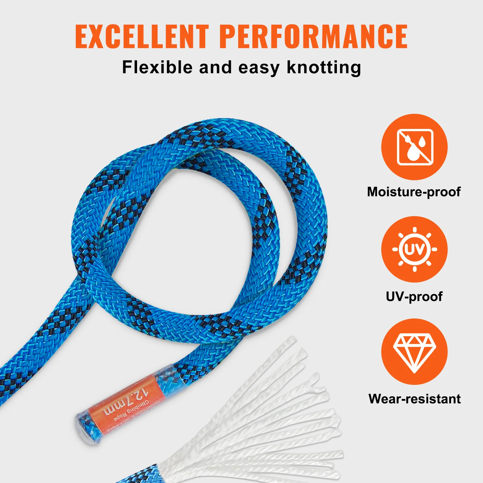 VEVOR 12.7mm Static Climbing Rope 125/150/200ft Outdoor Rock Climbing Rope 30KN Breaking Tension Fiber Rope w/ Steel Snap Hooks - Image 5
