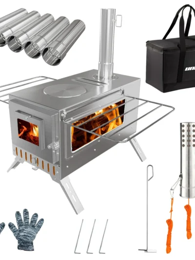 Hot Tent Stove, unho Wood Burning Stove, Portable Wood Stove with 6 Stainless Chimney Pipes for Outdoor Heating & Cooking