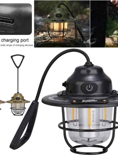 LED Camping Lantern Dimming Emergency Lamp Type C Charging Retro Camping Light 4 Light Modes Multifunction for Fishing Camping