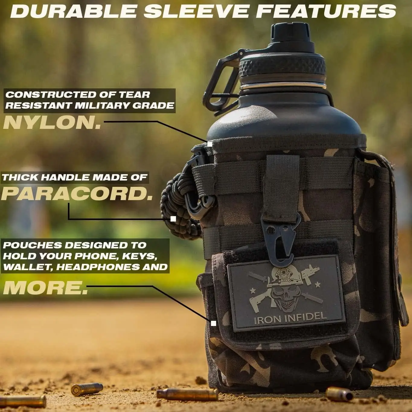 Battle Bottle 64 oz Insulated Stainless Steel Water Bottle with Paracord Handle & Removable Sleeve - Black Camo - Image 3