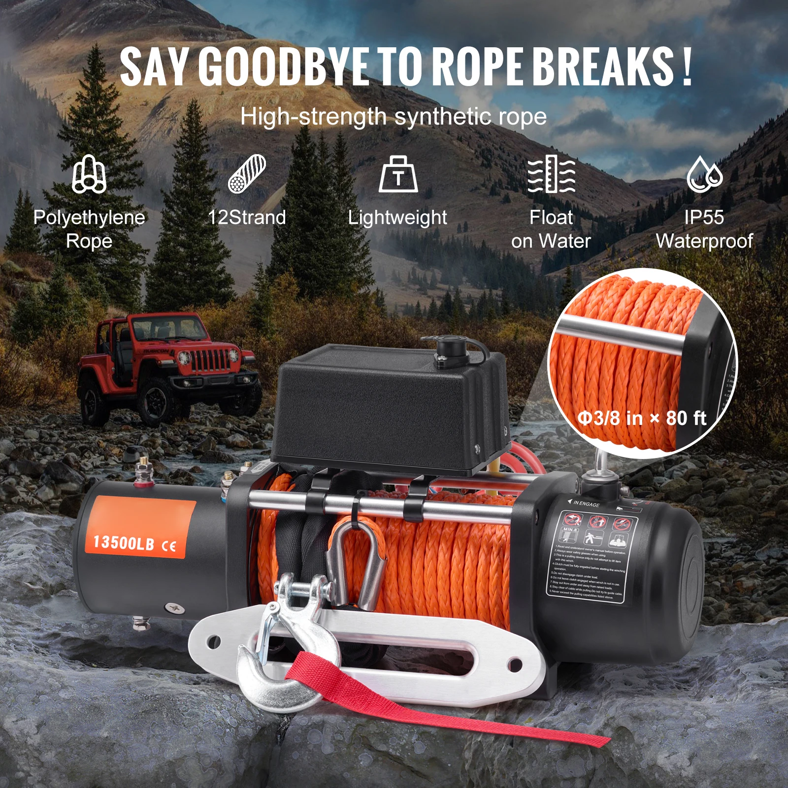 SucceBuy 13500lbs Electric Winch Car Truck Winch with 80ft Synthetic Rope Wireless & Wired Remote Control for Towing Off-Road - Image 4