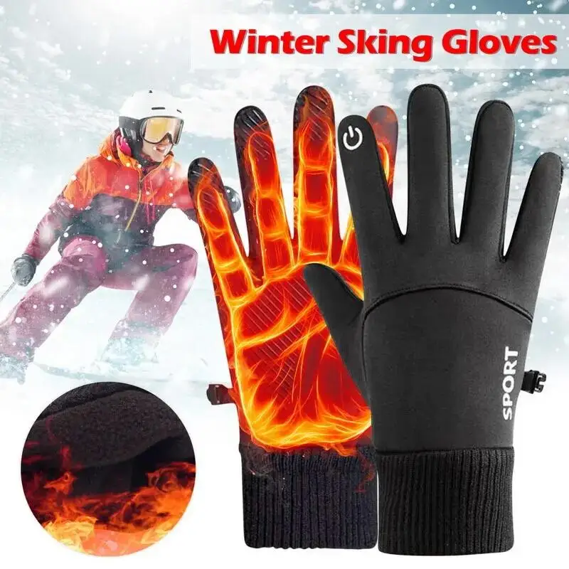 Black Winter Warm Full Fingers Waterproof Cycling Outdoor Sports Running Motorcycle Ski Touch Screen Fleece Gloves Snow Gloves - Image 3