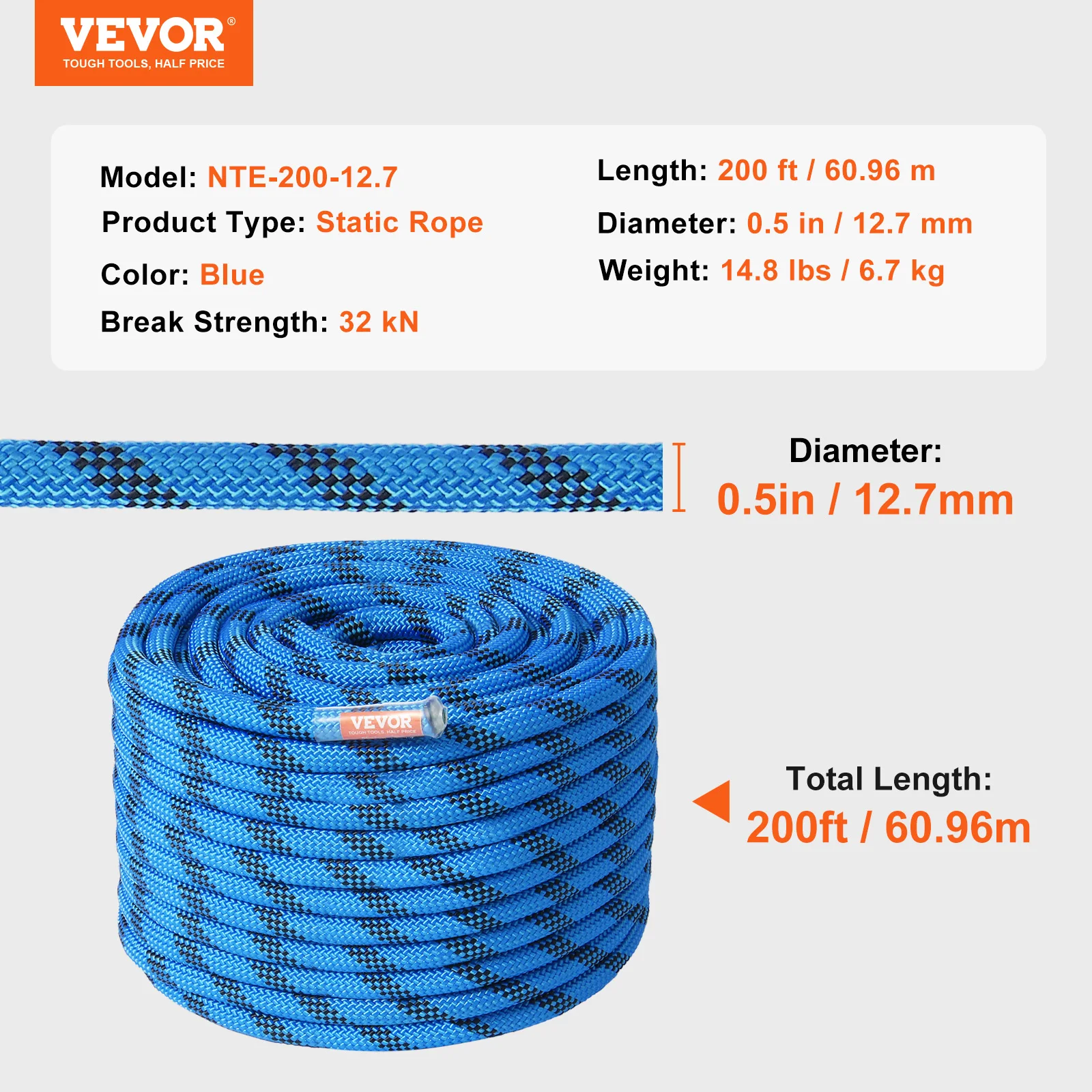 VEVOR 12.7mm Static Climbing Rope 125/150/200ft Outdoor Rock Climbing Rope 30KN Breaking Tension Fiber Rope w/ Steel Snap Hooks - Image 9