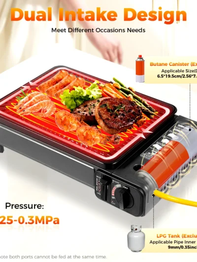 Portable Butane Gas Grill Stove Dual Inlets Adjustable Firepower with Carrying Case Grill Net for Camping Outdoor Use