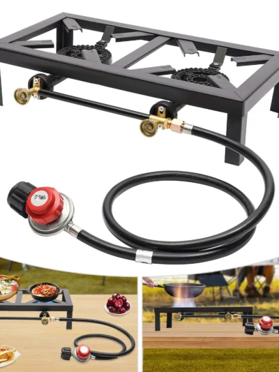 Portable Double Burner Outdoor Gas Stove Propane Cooker with Adjustable 0-10Psi Regulator Hose for Patio Camping, BBQ, Home