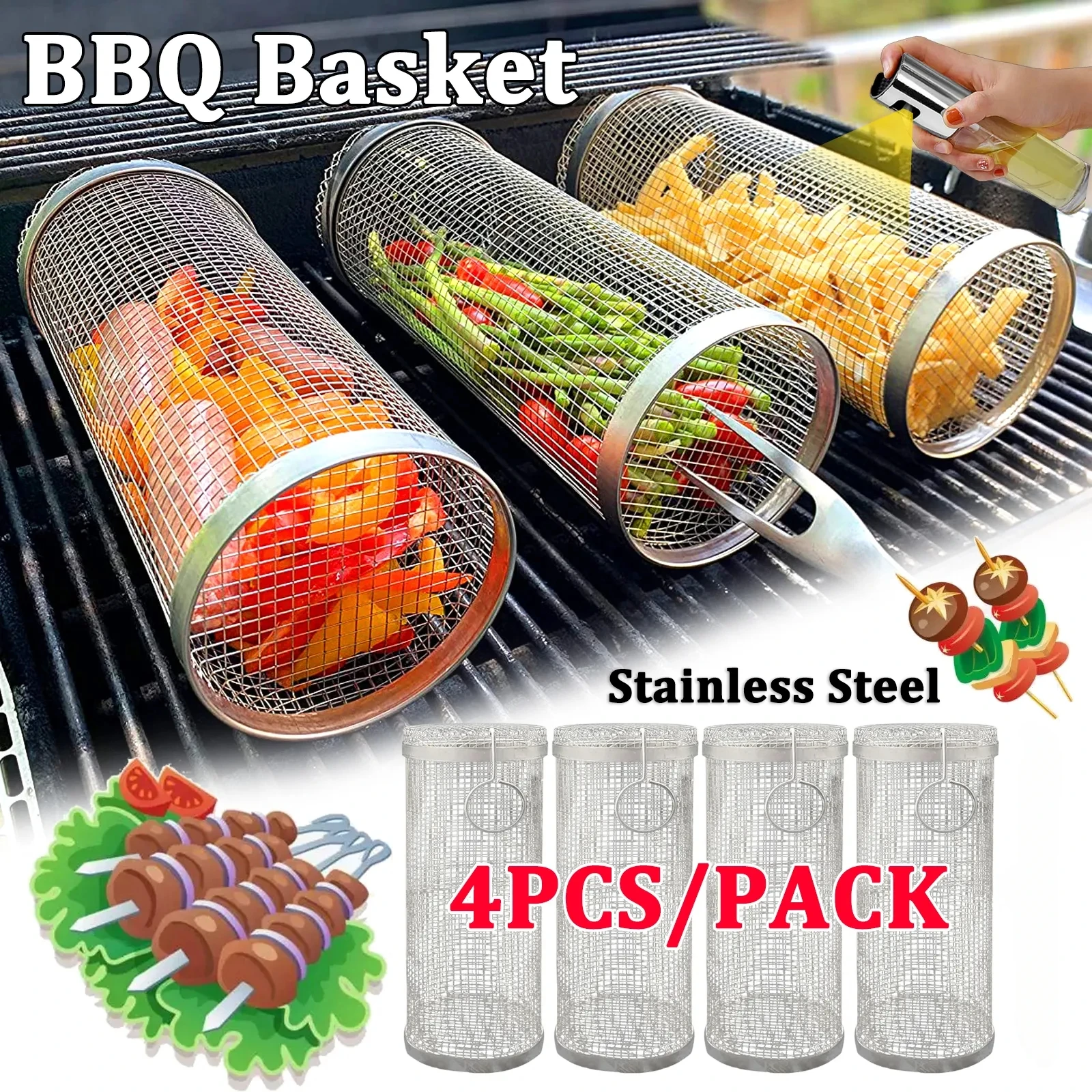 1-4pcs Rolling Grilling Basket Stainless Steel BBQ Grill Basket Mesh Portable Outdoor Camping Barbecue Rack kitchen accessories - Image 2