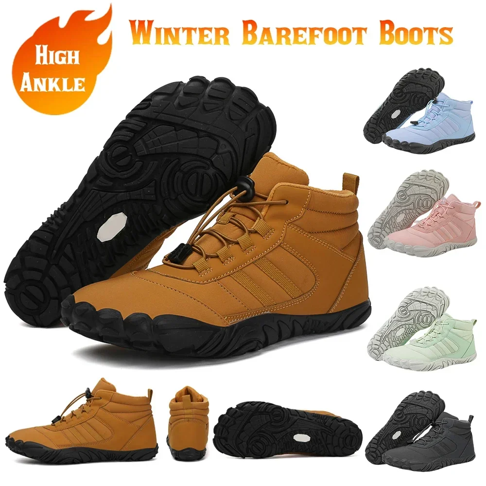 2024 Winter Fur Warm Women Boots Men Waterproof Barefoot Shoes Ankle Boots Outdoor Barefoot Hiking Shoes Warm Winter Botines