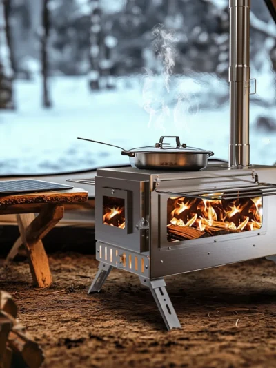 Portable Wood Burning Stove Stainless Steel Outdoor Cooking Heater Log Burner with 7 Chimney Pipes
