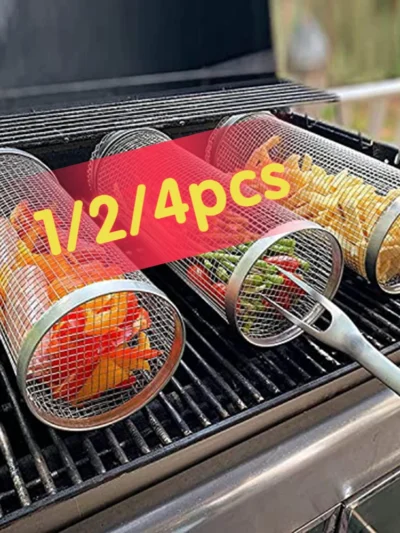 1-4pcs Rolling Grilling Basket Stainless Steel BBQ Grill Basket Mesh Portable Outdoor Camping Barbecue Rack kitchen accessories