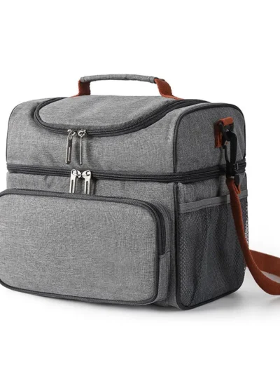 Lunch bag, double-layer insulated lunch box, large refrigerated handbag with detachable shoulder strap, open hot meal preparatio