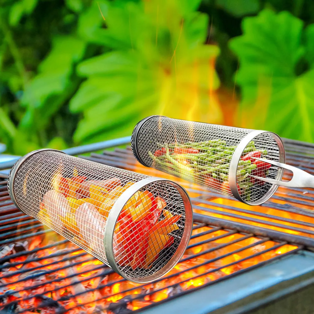 1-4pcs Rolling Grilling Basket Stainless Steel BBQ Grill Basket Mesh Portable Outdoor Camping Barbecue Rack kitchen accessories - Image 3