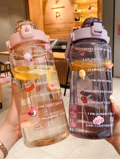 2000ml Large Capacity Sports Water Bottle Portable Water Bottle For Outdoor Commuting Includes Stickers Straw Leak-Proof Design