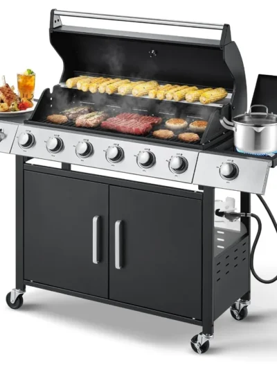 60000 BTU Stainless Steel 6 Burner Propane BBQ Grill with Side Stove Cast Iron Grates for Patio Camping Outdoor Cooking in Blac