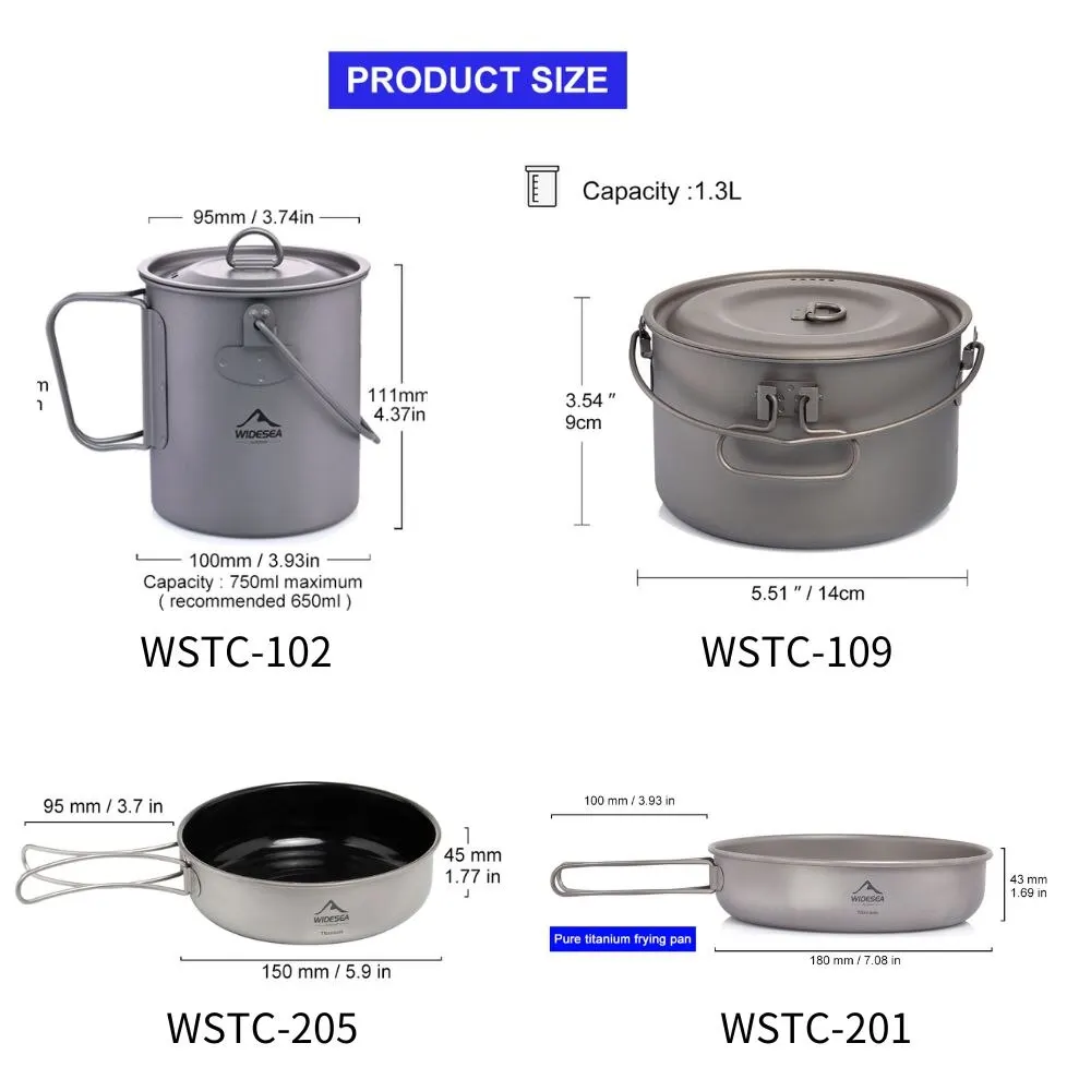 Widesea Camping Tableware Titanium Cookware Set Tourism Cauldron Outdoor Cooking Pot Frying Pan Picnic Kitchen Hiking Trekking - Image 2