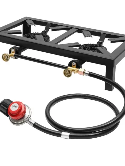 8000W Portable Camping Gas Stove Outdoor 2 Burner BBQ Picnic Camp Propane Cooker Stove with Adjustable 0-10Psi Regulator Hose