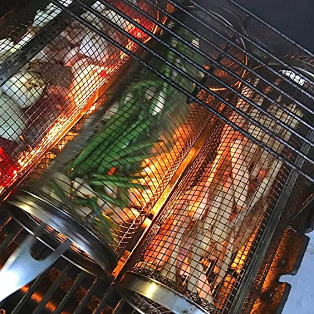 1-4pcs Rolling Grilling Basket Stainless Steel BBQ Grill Basket Mesh Portable Outdoor Camping Barbecue Rack kitchen accessories - Image 5