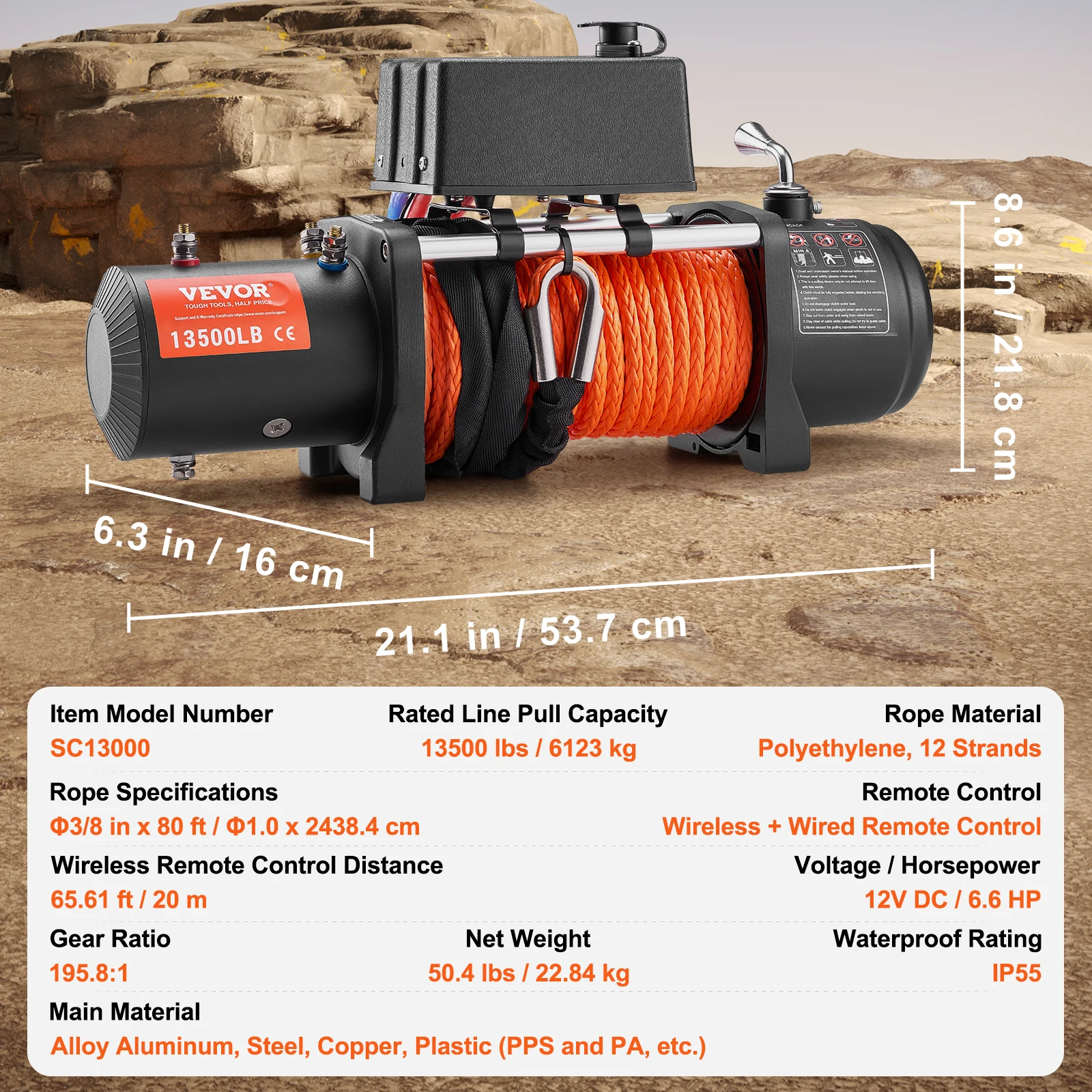 SucceBuy 13500lbs Electric Winch Car Truck Winch with 80ft Synthetic Rope Wireless & Wired Remote Control for Towing Off-Road - Image 7