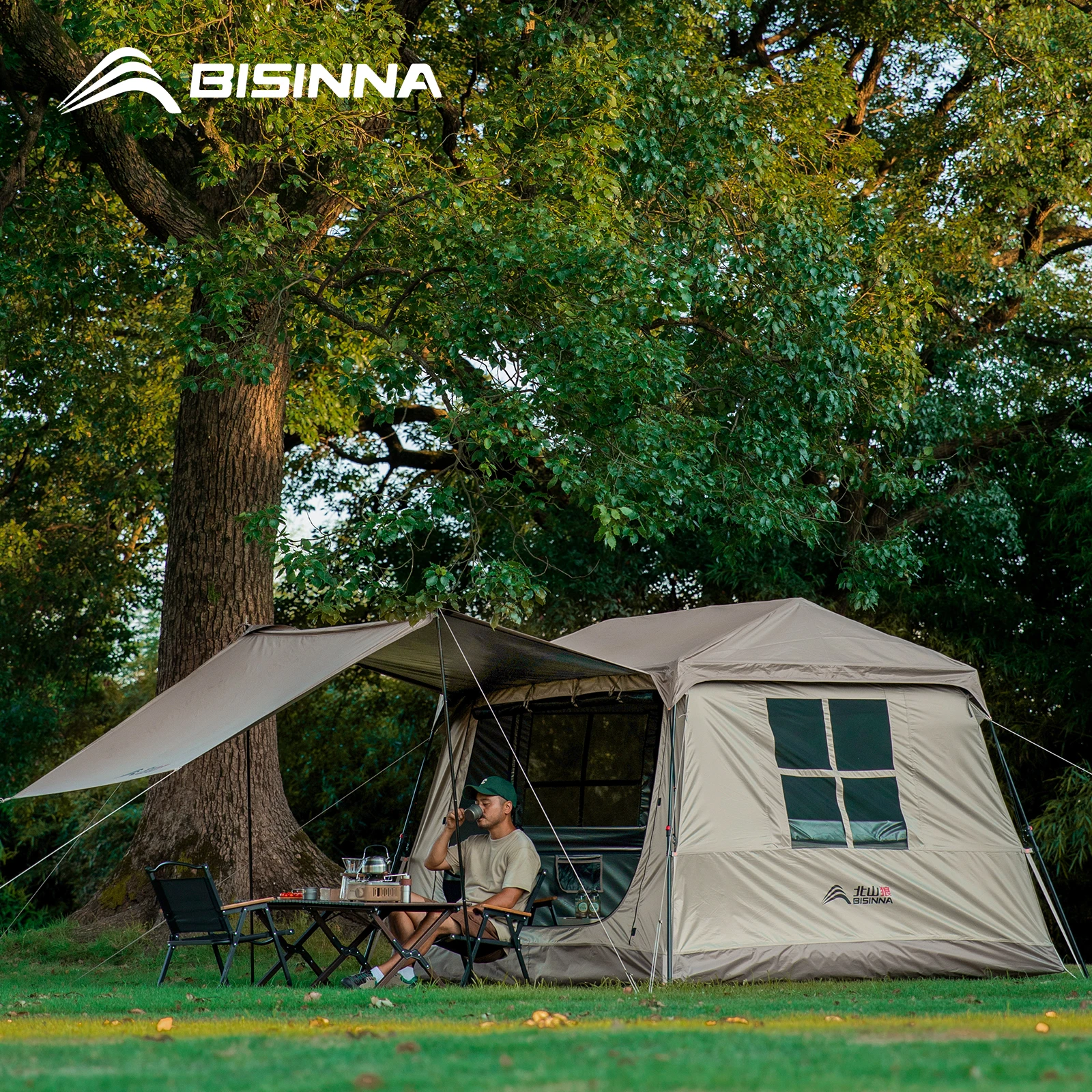BISINNA One-touch Ridge Type Tent Titanium Glue 3-4 Person Outdoor Automatic Camping Family Tent
