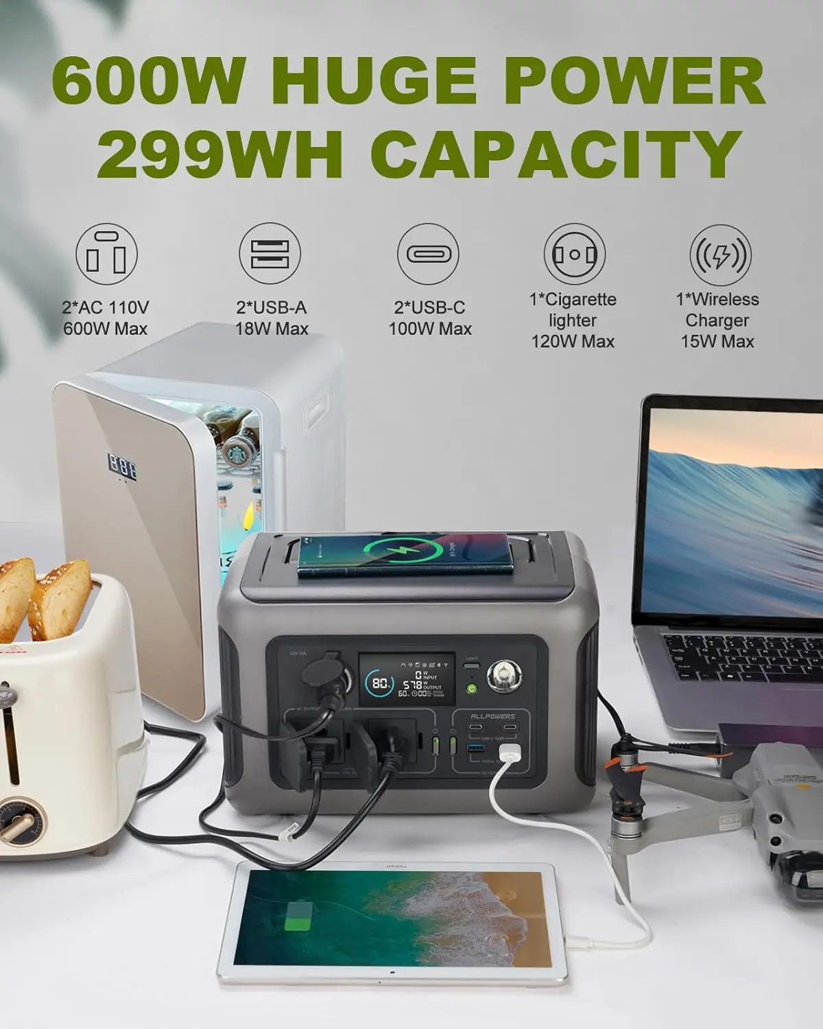 ALLPOWERS Portable Power Station R600, 299Wh LiFeP04 Battery with 2x 600W (1200W Surge) AC Outlets for Outdoor Camping RV Home - Image 2