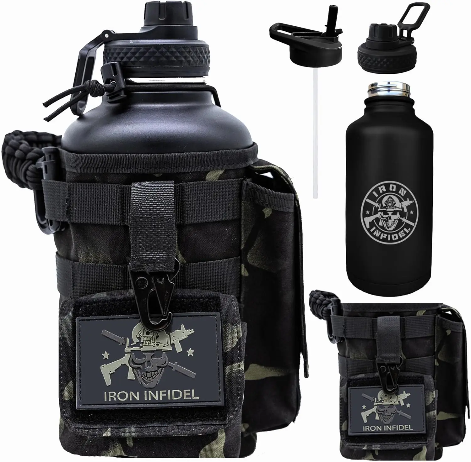 Battle Bottle 64 oz Insulated Stainless Steel Water Bottle with Paracord Handle & Removable Sleeve - Black Camo