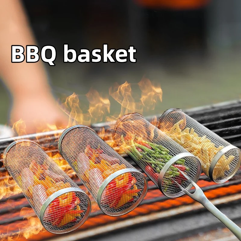 1-4pcs Rolling Grilling Basket Stainless Steel BBQ Grill Basket Mesh Portable Outdoor Camping Barbecue Rack kitchen accessories - Image 4