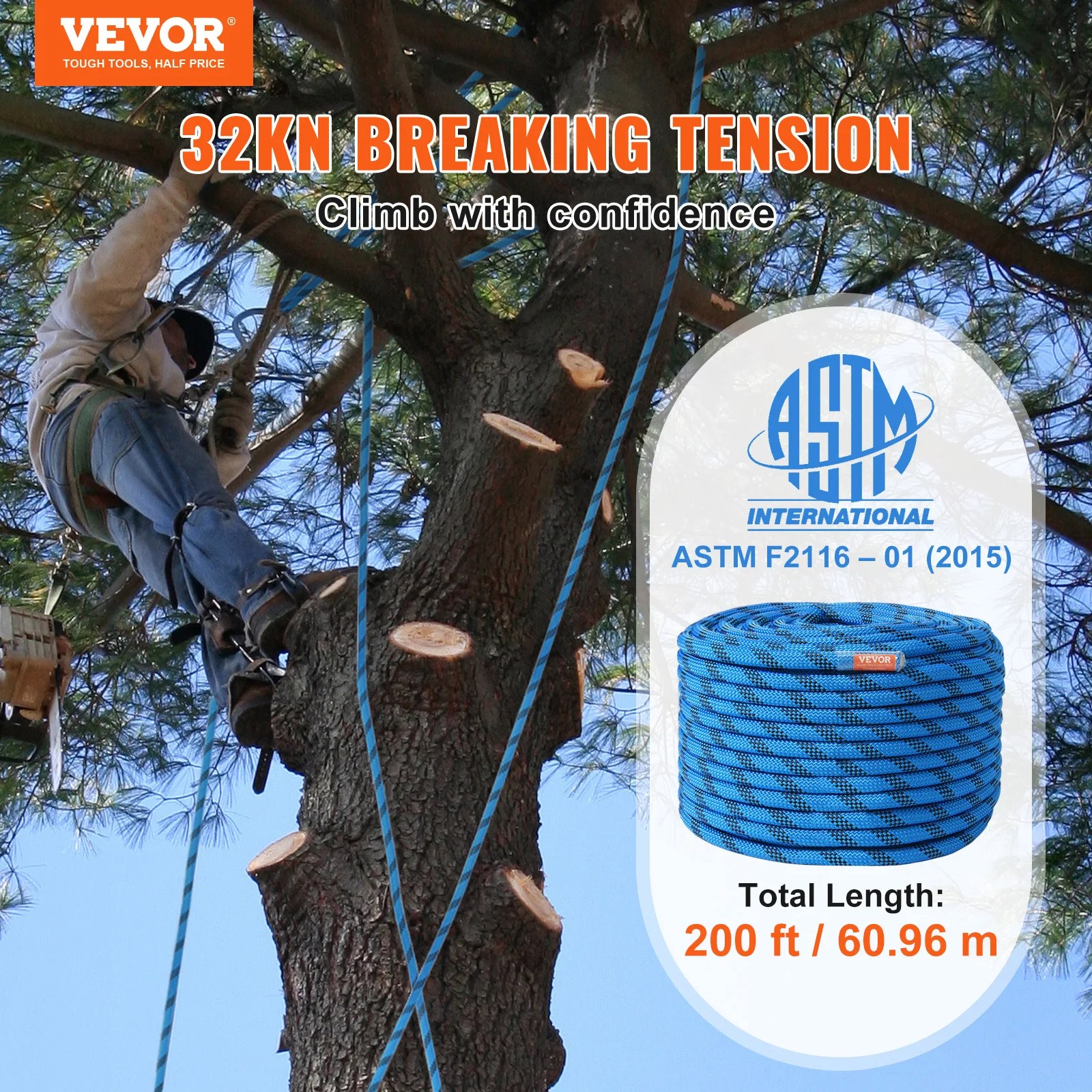 VEVOR 12.7mm Static Climbing Rope 125/150/200ft Outdoor Rock Climbing Rope 30KN Breaking Tension Fiber Rope w/ Steel Snap Hooks - Image 2