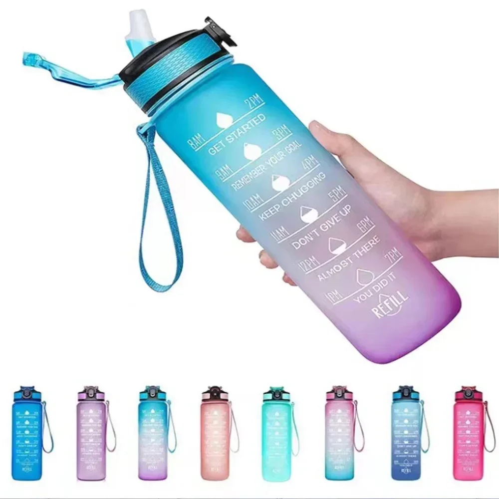 1L Sports Water Bottle With Straw Time Marker Gradient Color Motivational Bottle Leakproof Outdoor Student Drinking Water Cup - Image 14