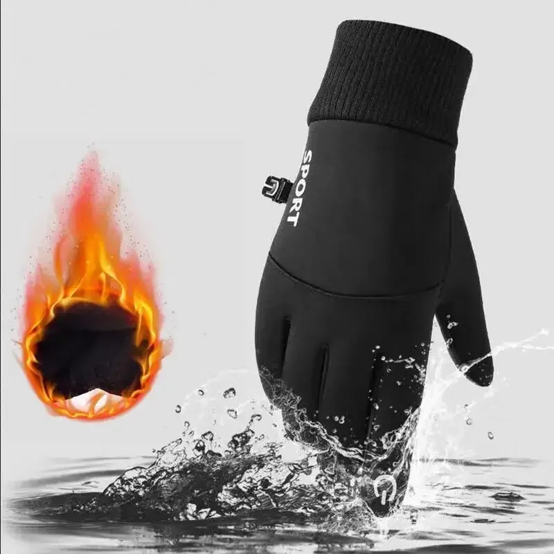 Black Winter Warm Full Fingers Waterproof Cycling Outdoor Sports Running Motorcycle Ski Touch Screen Fleece Gloves Snow Gloves - Image 2