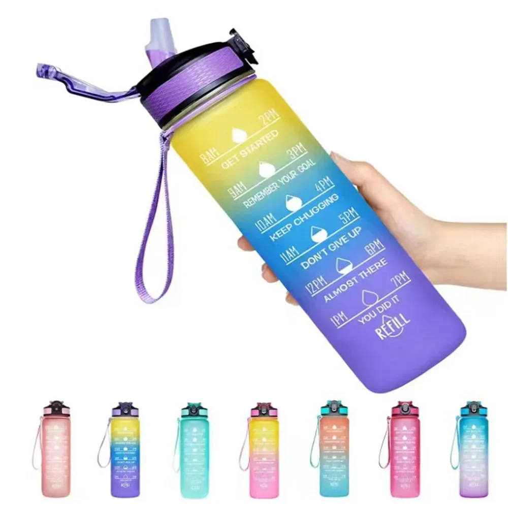1L Sports Water Bottle With Straw Time Marker Gradient Color Motivational Bottle Leakproof Outdoor Student Drinking Water Cup - Image 15