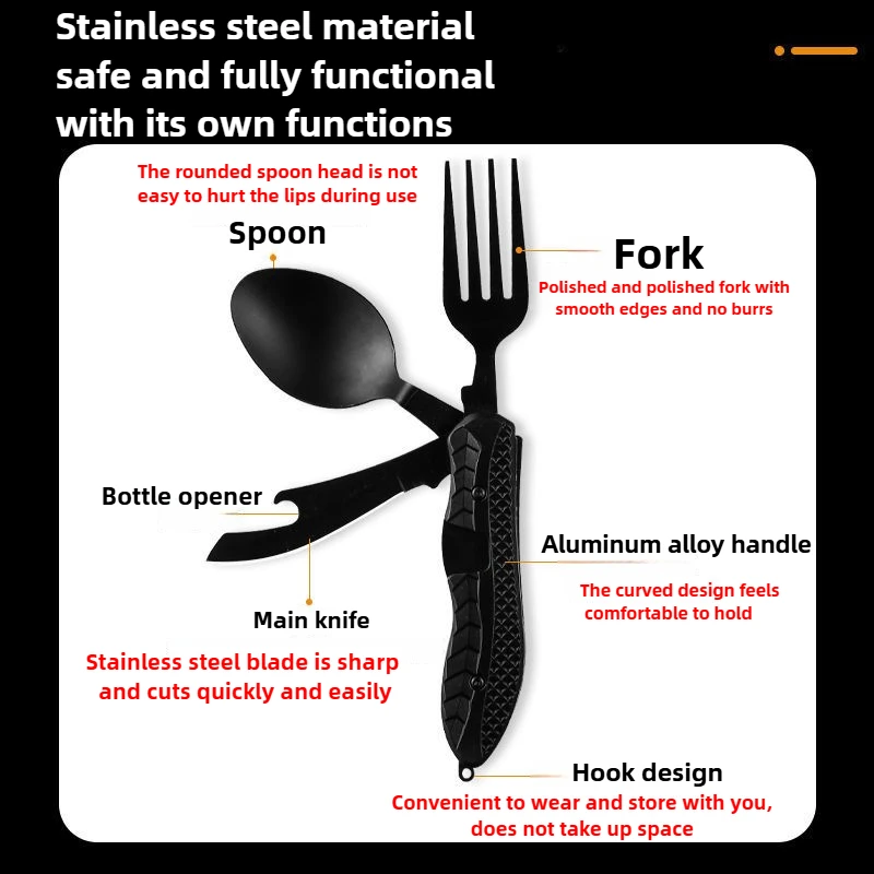 Outdoor Camping Portable Stainless Steel Foldable Spoon Fork Knife Bottle Opener Combo Set Cutlery Home Multitool Tableware - Image 3
