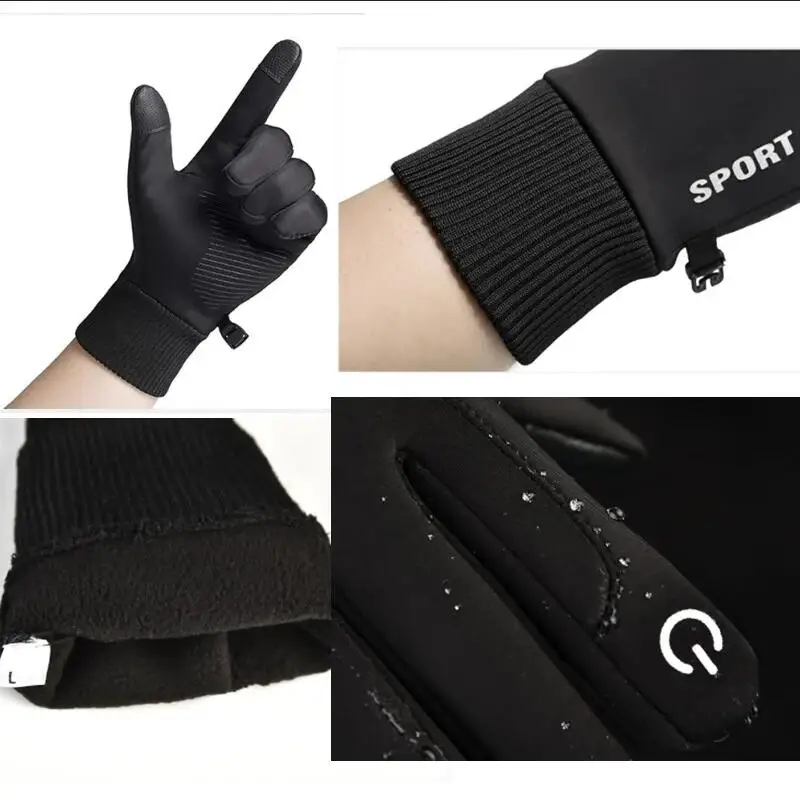 Black Winter Warm Full Fingers Waterproof Cycling Outdoor Sports Running Motorcycle Ski Touch Screen Fleece Gloves Snow Gloves - Image 6