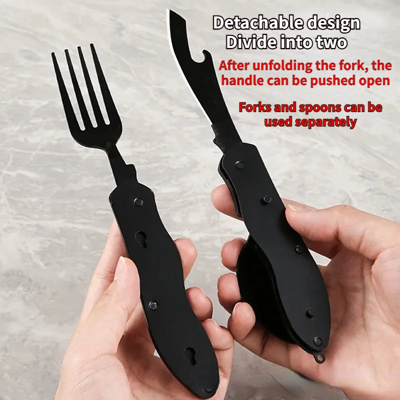 Outdoor Camping Portable Stainless Steel Foldable Spoon Fork Knife Bottle Opener Combo Set Cutlery Home Multitool Tableware - Image 5