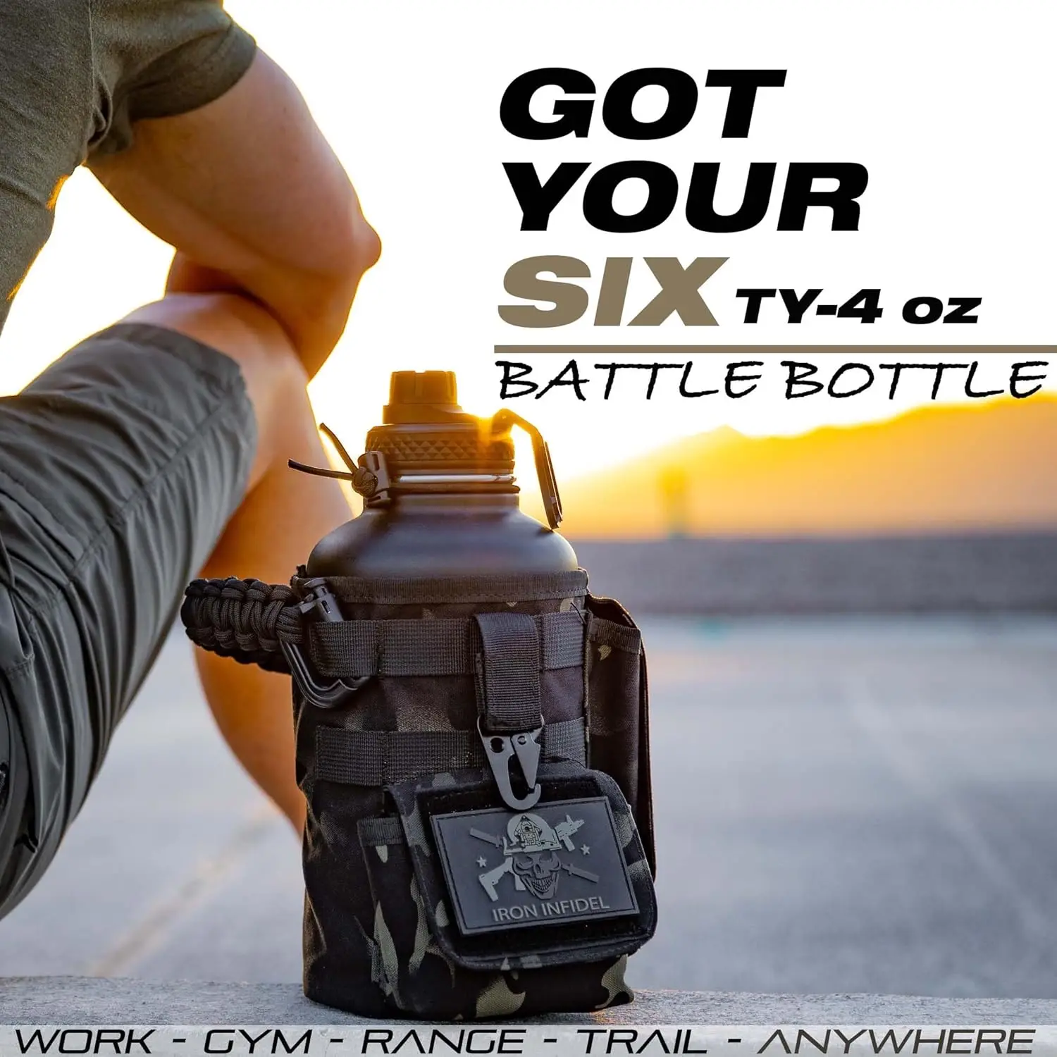Battle Bottle 64 oz Insulated Stainless Steel Water Bottle with Paracord Handle & Removable Sleeve - Black Camo - Image 2