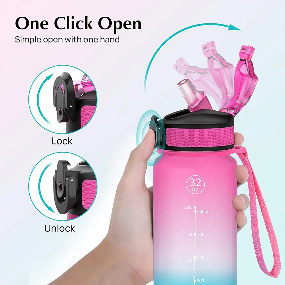 1L Sports Water Bottle With Straw Time Marker Gradient Color Motivational Bottle Leakproof Outdoor Student Drinking Water Cup - Image 6