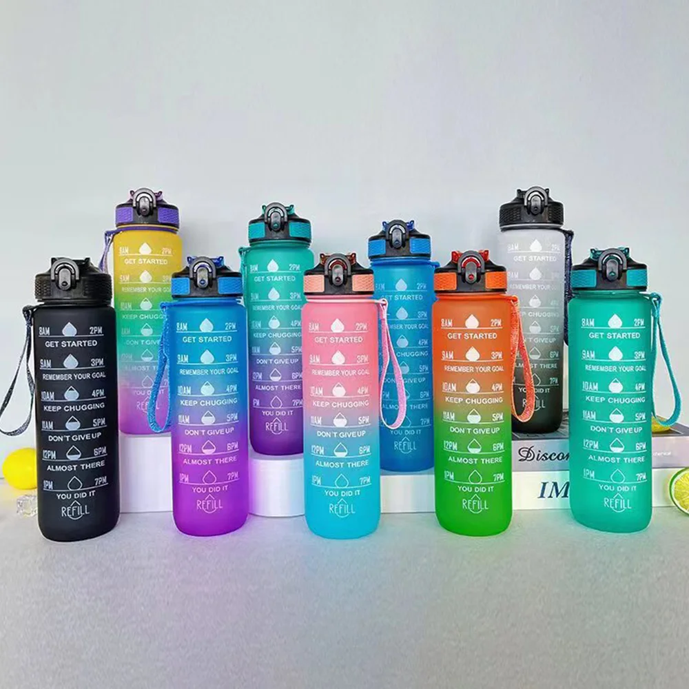 1L Sports Water Bottle With Straw Time Marker Gradient Color Motivational Bottle Leakproof Outdoor Student Drinking Water Cup - Image 2