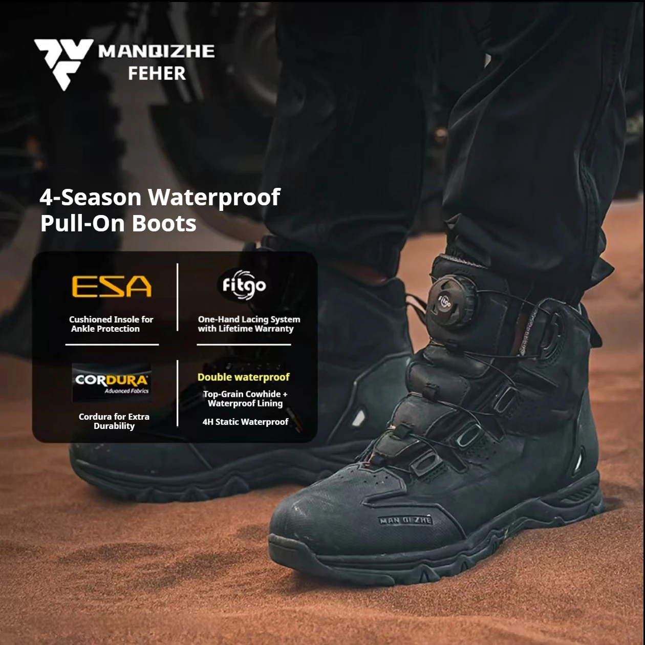 FEHER MQZ Series Motorcycle Boots Waterproof CE Level 2 Foot Protection Hiking Shoes All Season for Rider and Wilderness Climber