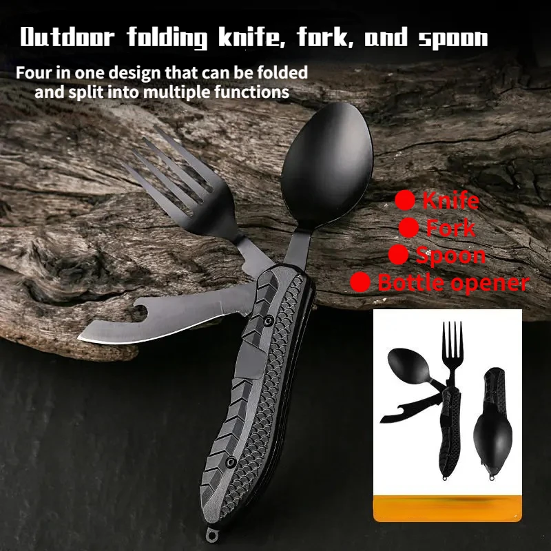 Outdoor Camping Portable Stainless Steel Foldable Spoon Fork Knife Bottle Opener Combo Set Cutlery Home Multitool Tableware - Image 6